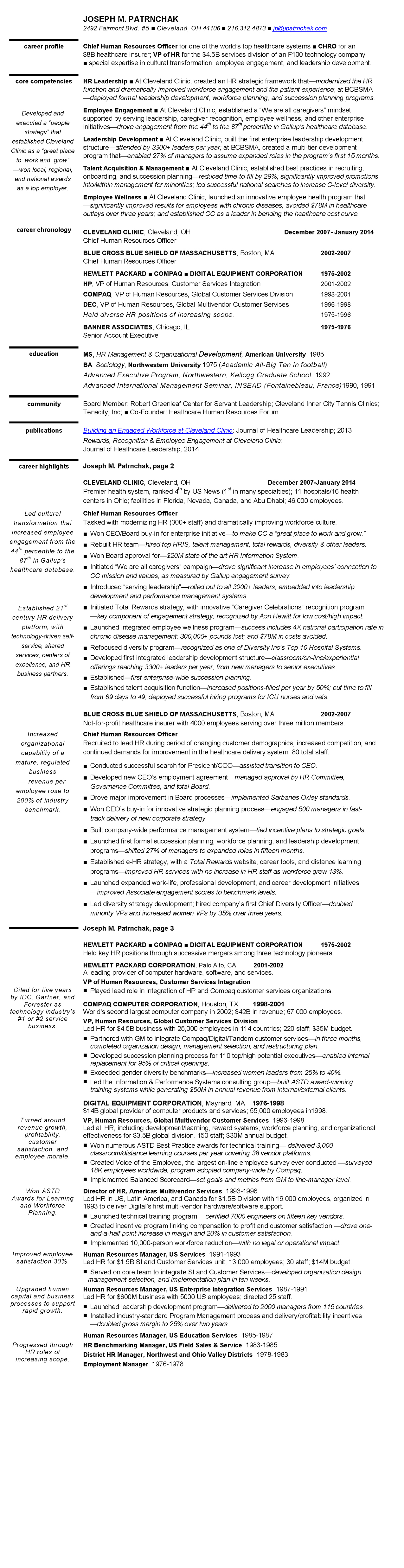Joe Patrnchak resume text.  Download pdf for full version.