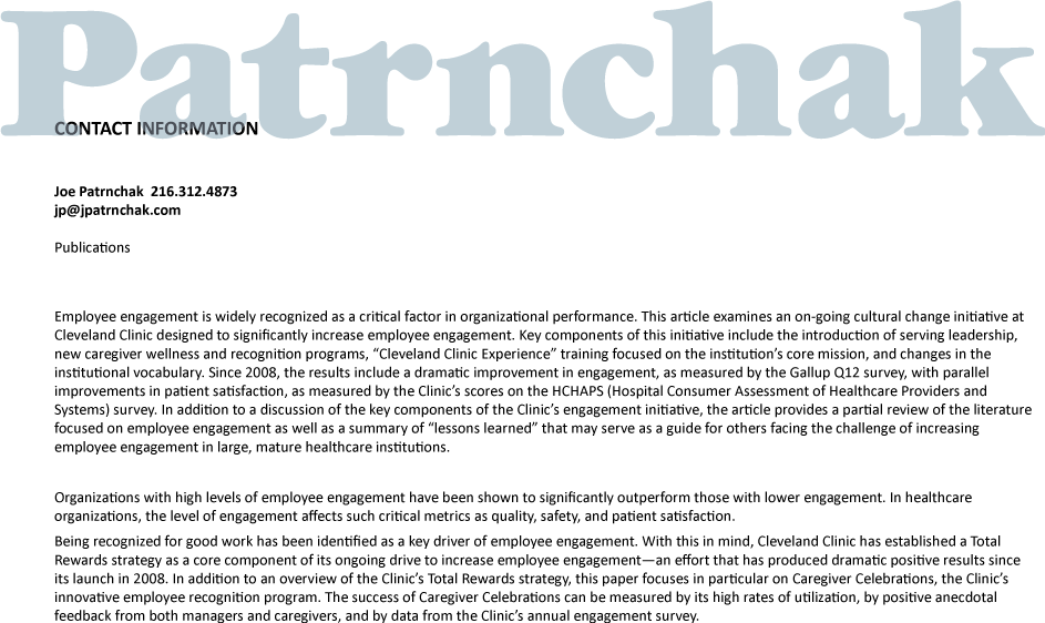 Contact Joe Patrnchak / Phone: 216.312.4873 Email / jp@jpatrnchak.com